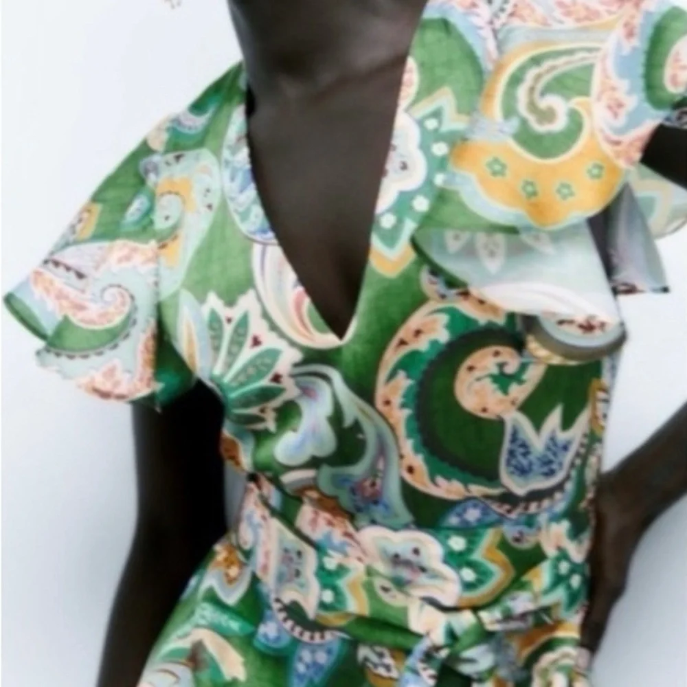 ZARA Green Paisley BOHO Belted Wide-Leg Jumpsuit Size Small NWT 🍃 - Picture 3 of 10